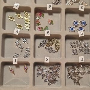 9 Squares Of Miscellaneous Charms, Connectors, Beads Set1